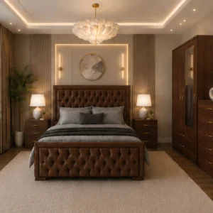 Classic King Size Bed Furniture Set - Two Door Wardrobe With One Mirror - Chest of Five Drawers With Two Bed Side Table