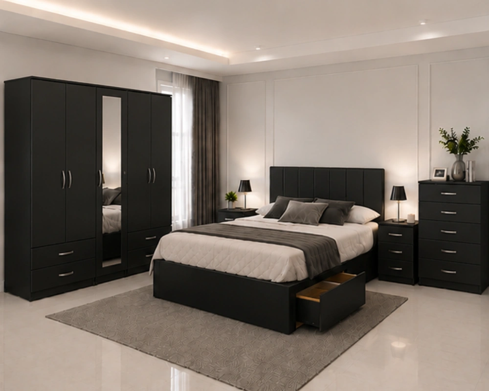 Complete Home Bedroom Set – Double Bed with 5 Door Full Mirror Wardrobe, Four Bottom Drawers & Five Drawer Chest - Image 2