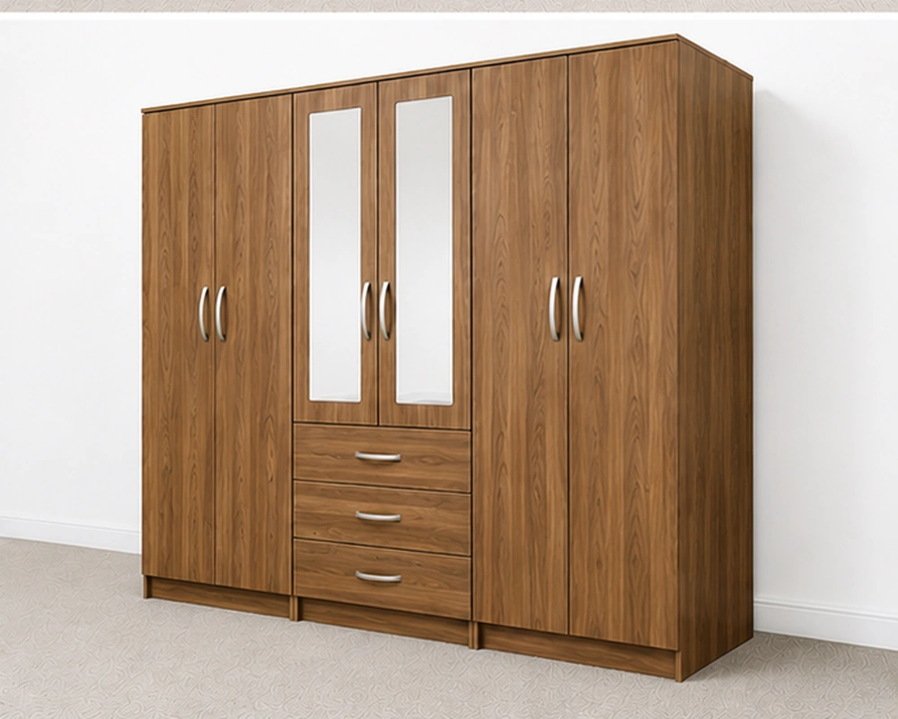 6 Door Wooden Wardrobe with 3 Drawers & Double Mirrors – Modern Bedroom Storage Cabinet - Image 3