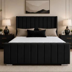 Black Double Size Bed – Modern Panel Wingback Double Bed with Mattress