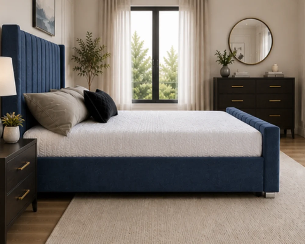 Luxury Wingback Double Bed Frame – 160 x 200 cm – Modern Panel Wingback Double Bed with Mattress - Image 3