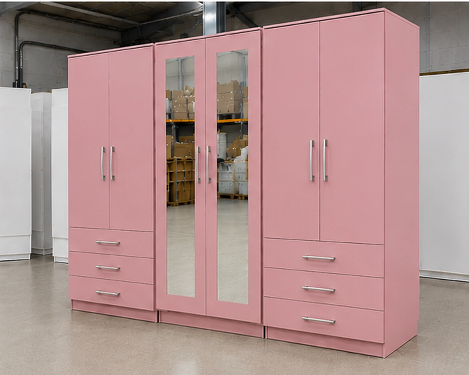 Modern 6 Door Pink Wardrobe with 6 Drawers & Double Mirrors – Stylish Bedroom Storage - Image 3