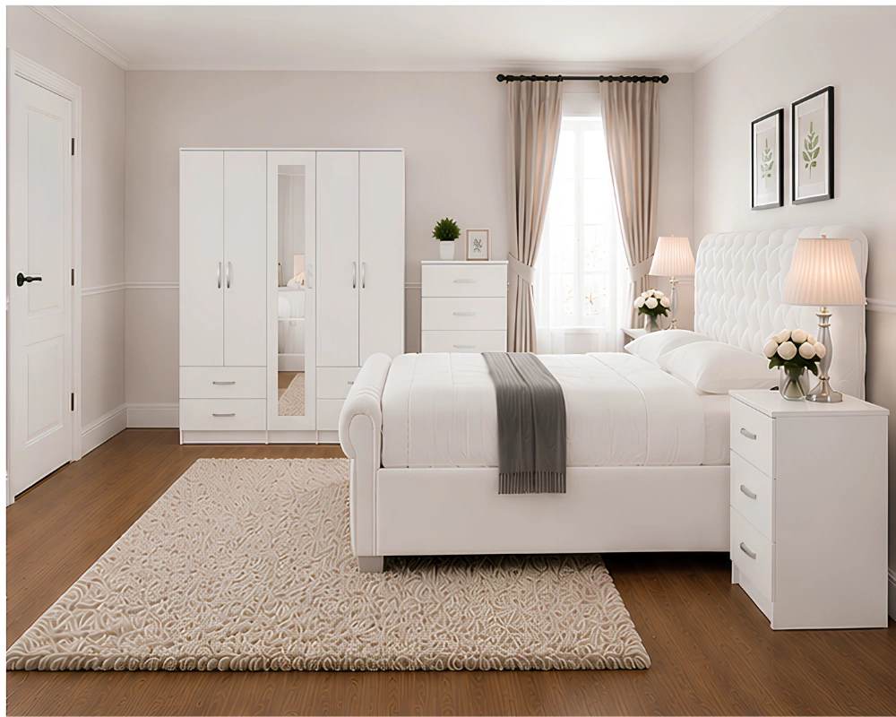 Premium Home Bedroom Collection – Double Bed, 5 Door Wardrobe with Full Length Mirror & Chest of Five Drawers - Image 2