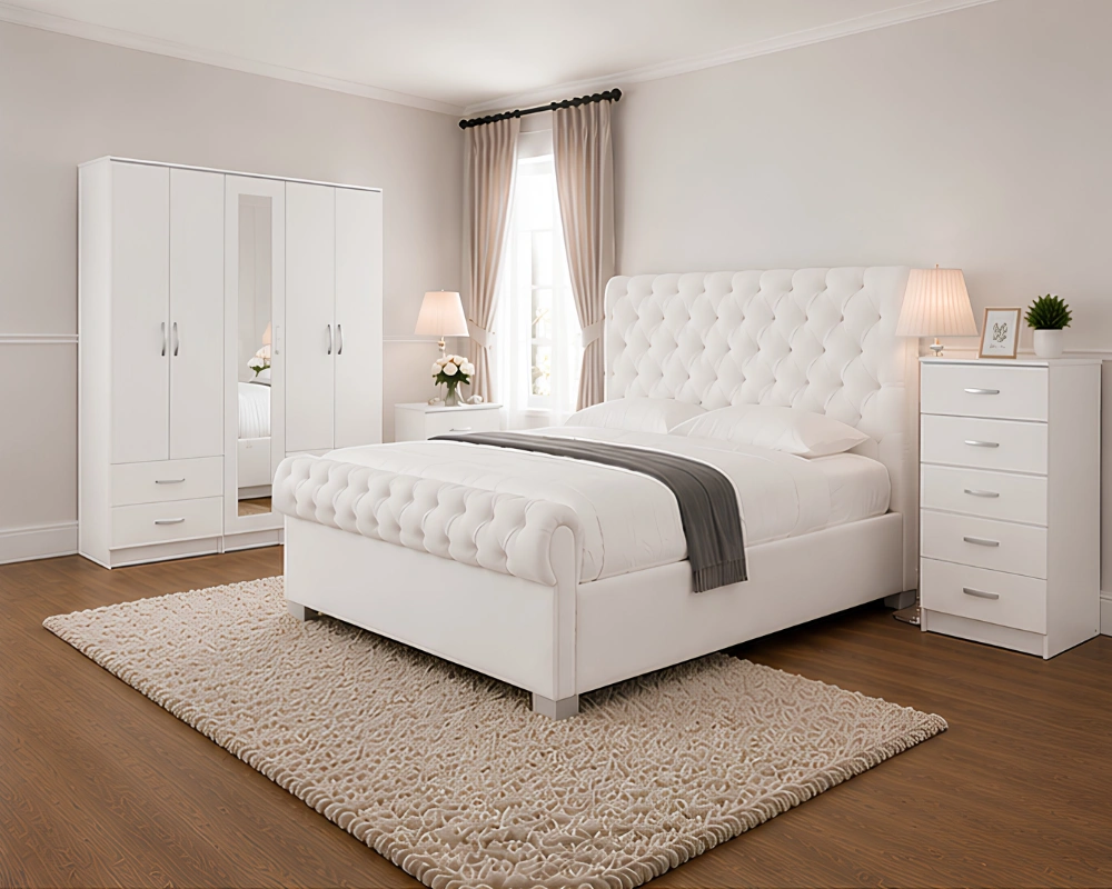 Premium Home Bedroom Collection – Double Bed, 5 Door Wardrobe with Full Length Mirror & Chest of Five Drawers - Image 4