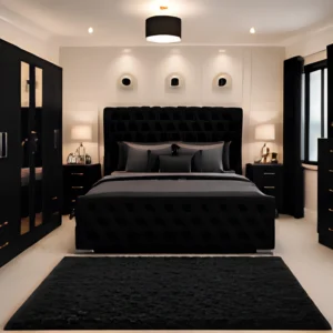 Modern Bedroom Furniture Set – King Size Bed with 6 Door Wardrobe, Two Full Length Mirrors, Four Bottom Drawers & Two Bed Side Tables