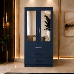 Modern Blue 2 Door Mirrored Wardrobe with 3 Drawers - Premium Organizer Wardrobe with 3 Drawers