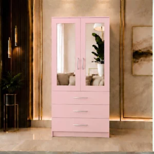 Modern Light Pink 2 Door Mirrored Wardrobe with 3 Drawers - Wooden Two Door Wardrobe with Mirrors
