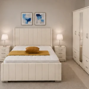 Luxury Cream Color King Size Bedroom Set - Four Door Wardrobe With Four Drawer - Chest of Five Drawers With Two Bed Side Table