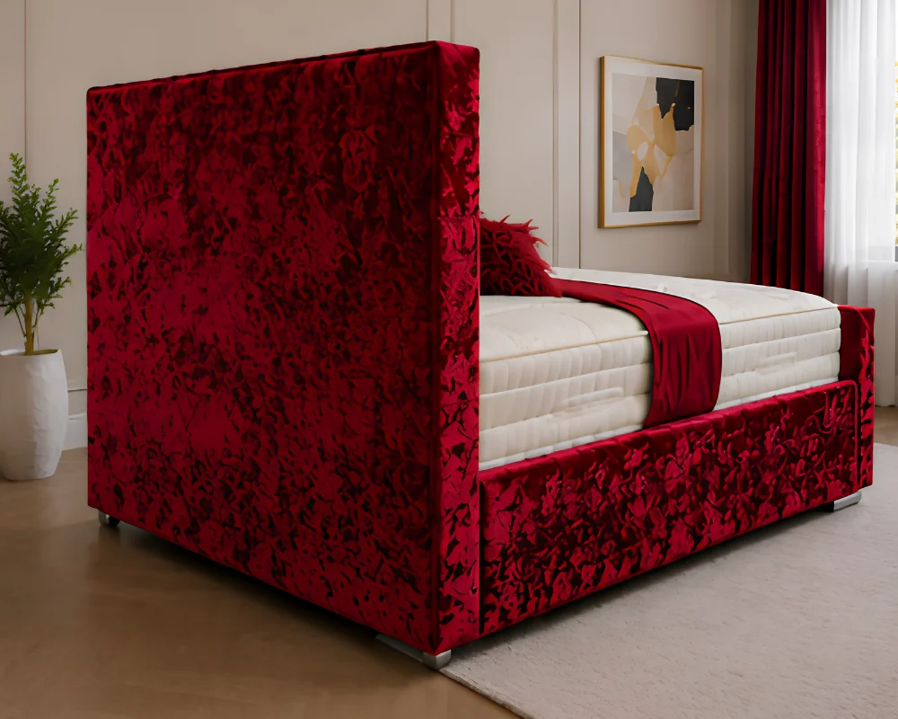 Burgundy Red Velvet Bed Frame with mattress – Elegant Tufted Upholstered Bed with Headboard & Footboard - Image 3