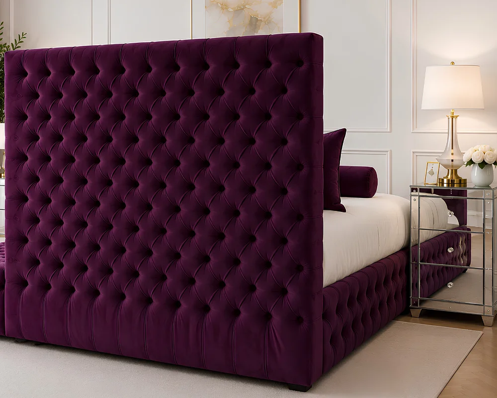 Purple Velvet Double Bed with Mattress-Royal Purple Double Bed with Mattress – 4ft6 - Image 4