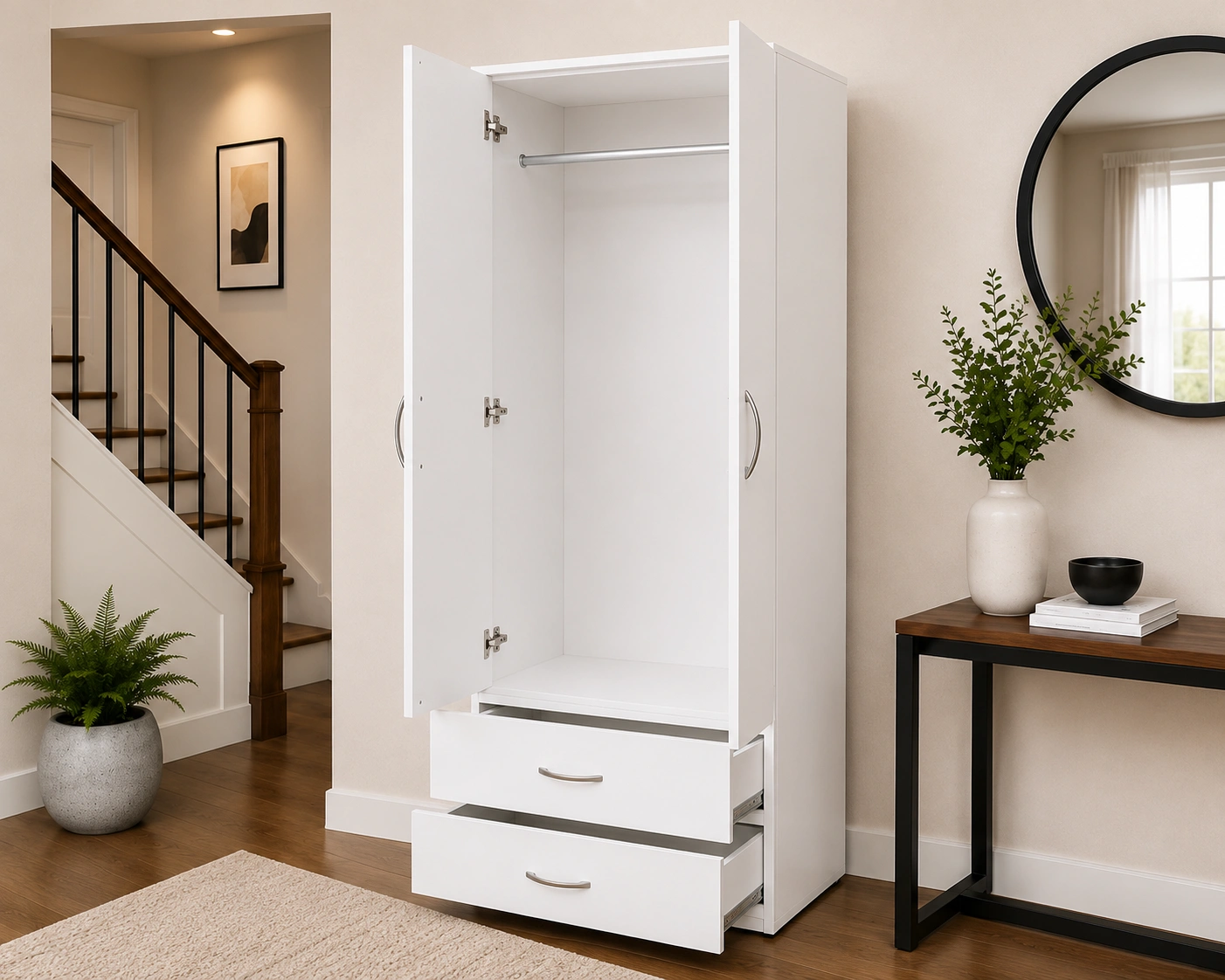 2 Door Wardrobe with Two Drawers - Premium White 2 Door Wardrobe with 2 Drawers - Image 2
