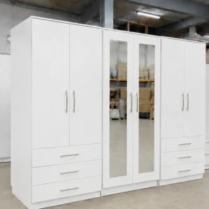 Modern 6 Door White Wardrobe with 6 Drawers & Double Mirrors – Stylish Bedroom Storage
