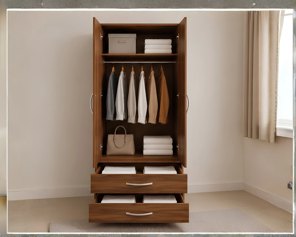 Contemporary Half Mirror Double Door Wardrobe with walnut colors - Elegant 2 Door Wardrobe with Dual Mirrors and Drawers - Image 4