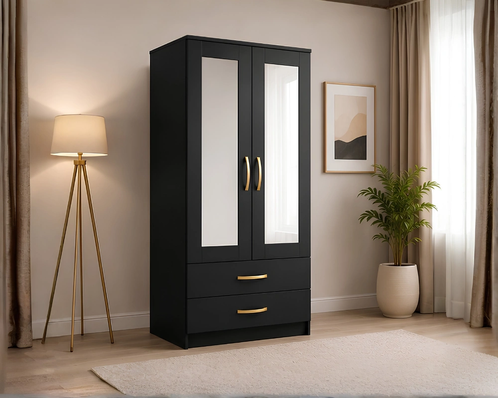 Bedroom Storage Wardrobe with Half Mirror Design - Smart Storage Two Door Wardrobe with Mirrors - Image 3