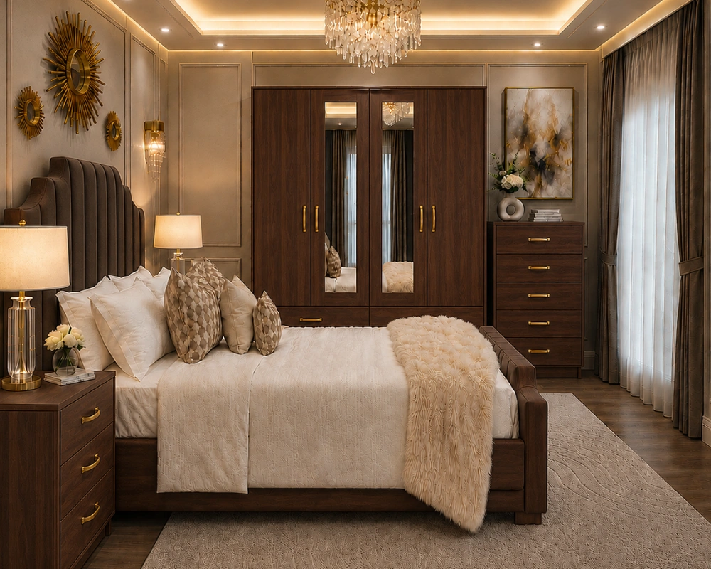Elegant Bedroom Furniture King Set 4 Door Wardrobe With Four Drawer - Chest of Five Drawers With Two Bed Side Table - Image 2