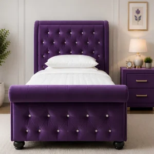 Designer Purple Sleigh Bed Frame – Luxury 3ft Single Bed with mattress