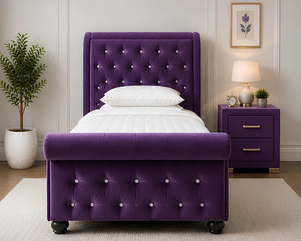 Designer Purple Sleigh Bed Frame – Luxury 3ft Single Bed with mattress