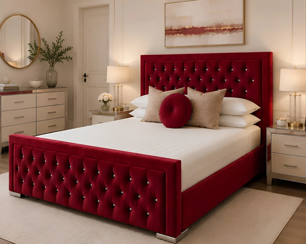 Burgundy Hilton 6ft Super King Bed with mattress – 200 × 200 cm Premium Tufted Headboard
