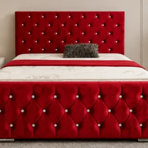 Premium Red Velvet Double Bed with mattress –Luxury Velvet Double Bed 160×200 cm / 4ft 6in