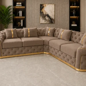 Imperial Tufted Corner mink Sofa with Gold Accents | Luxury L-Shaped Velvet Chesterfield Sofa UK