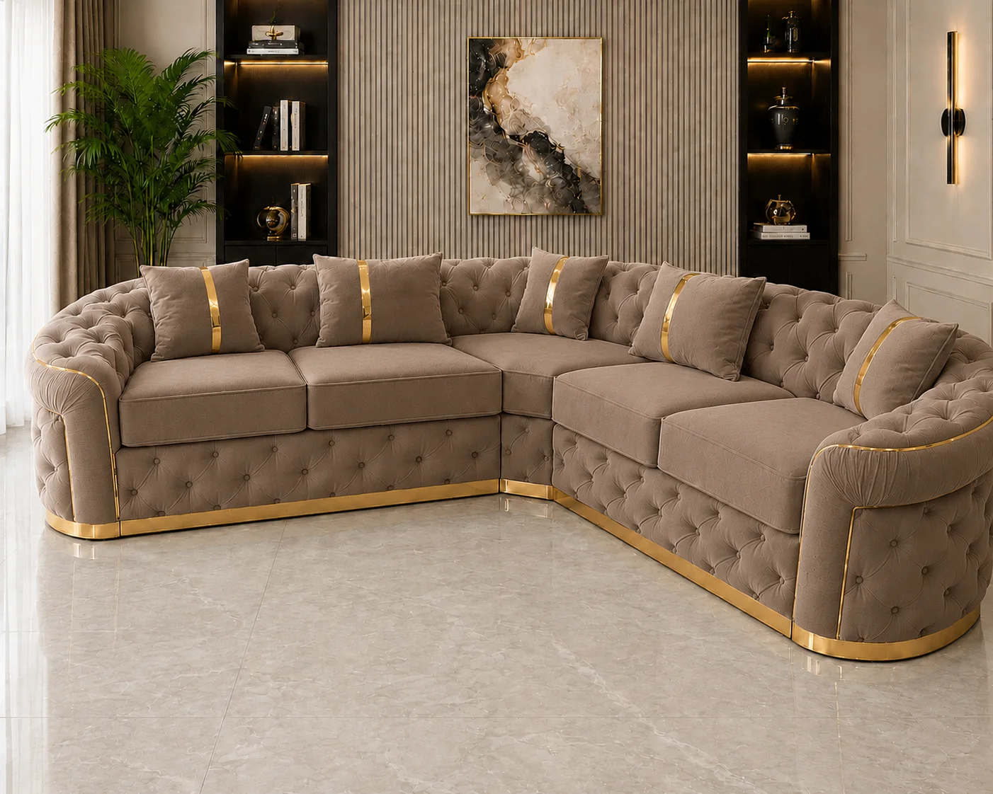 Imperial Tufted Corner mink Sofa with Gold Accents | Luxury L-Shaped Velvet Chesterfield Sofa UK