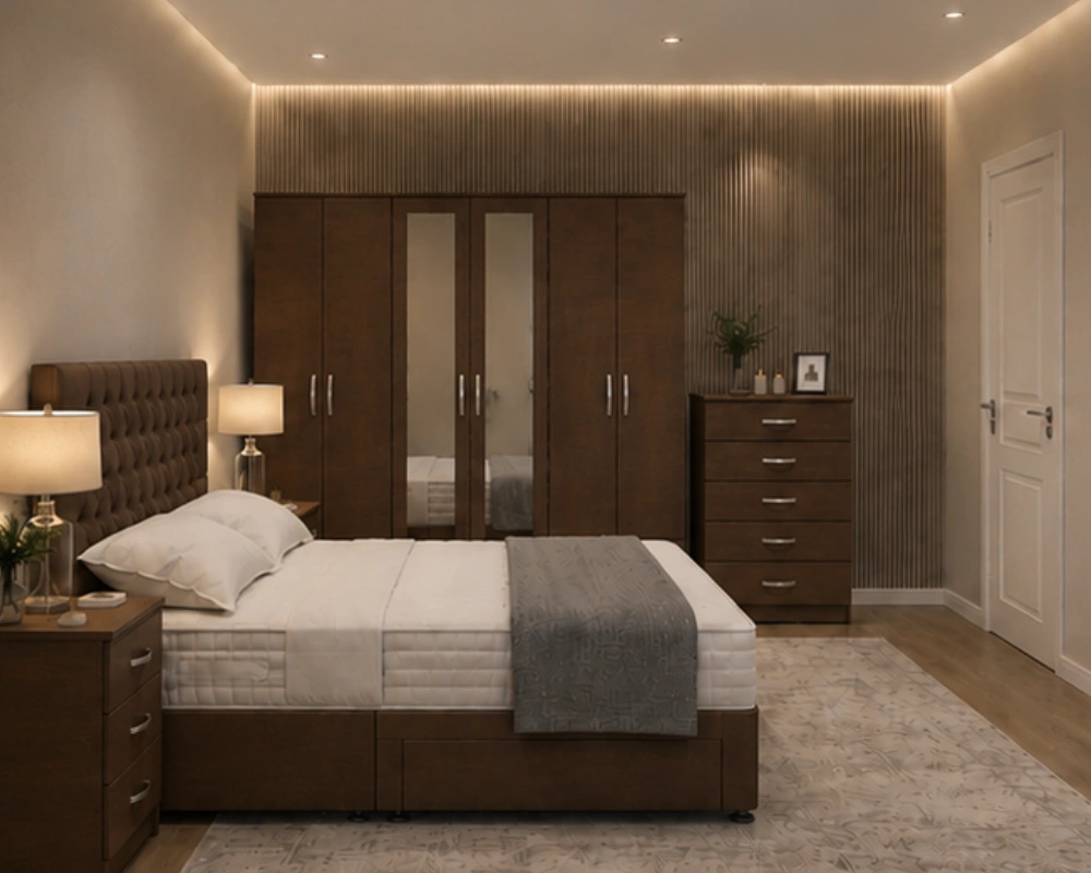 Complete King Size Bedroom Package - Six Door Mirror Wardrobe - Five Drawer Chest - Two Bedside Tables - Image 2