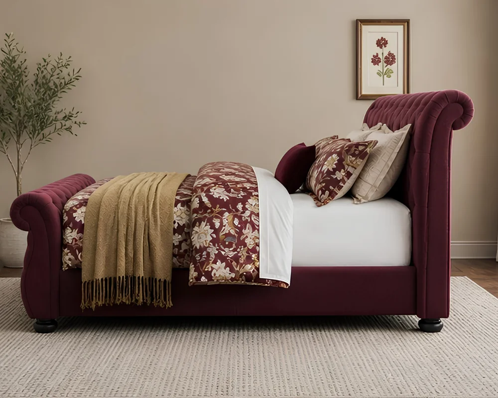 Modern Burgundy Sleigh Bed Frame 4ft6 - Luxury Double Bed - Double Bed with Mattress - Image 3