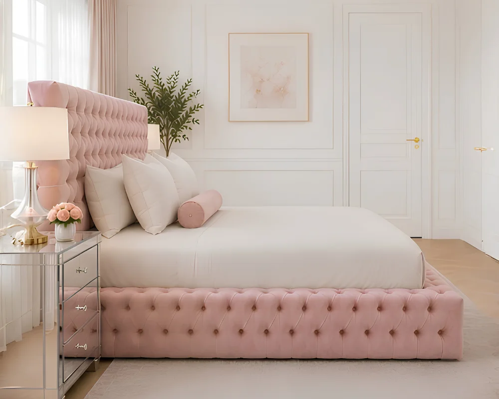 Glamorous Blush Velvet King Bed with mattress – Padded Headboard & Footboard - Image 3