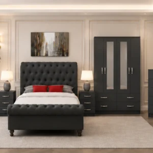 Contemporary King Size Bed Set - four Door Wardrobe With Four Drawer - Chest of Five Drawers With Two Bed Side Table