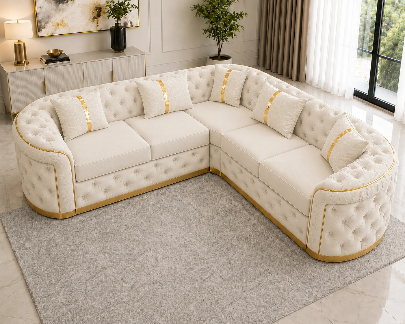 Luxury Off White L-Shaped Chesterfield Corner Sofa with Gold Accents - Image 3