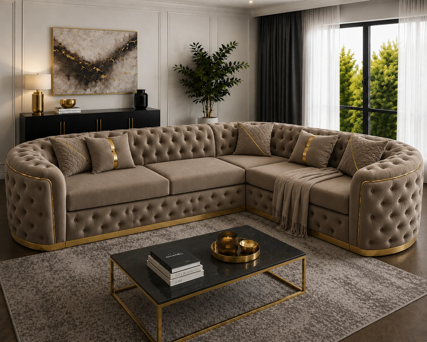 Imperial Tufted Corner Sofa with Gold Accents | Luxury L-Shaped Velvet Chesterfield Sofa UK - Image 3
