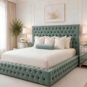 Contemporary Sage Green King Bed with mattress – Premium Ambassador Upholstery