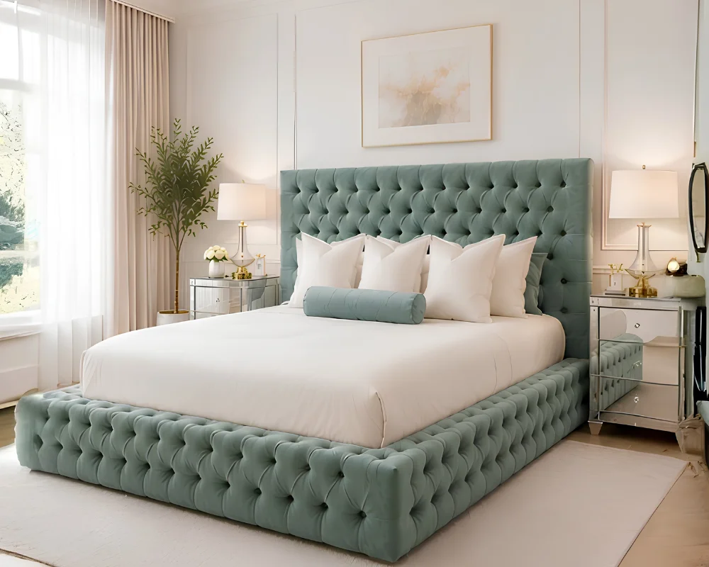 Contemporary Sage Green King Bed with mattress – Premium Ambassador Upholstery