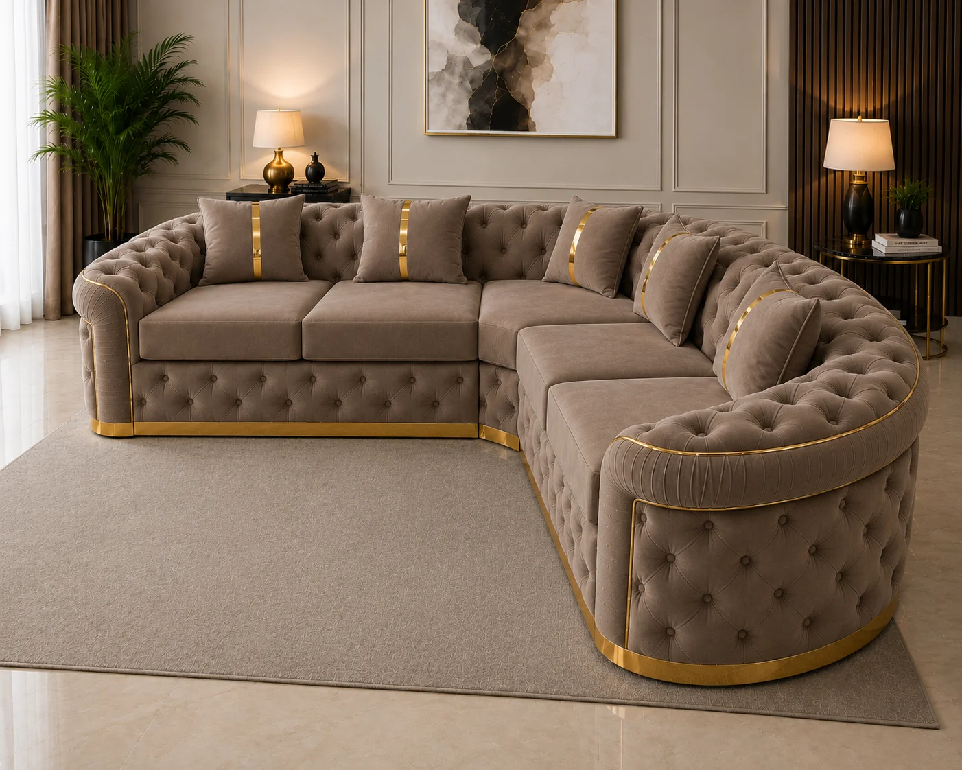 Imperial Tufted Corner mink Sofa with Gold Accents | Luxury L-Shaped Velvet Chesterfield Sofa UK - Image 2