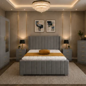Complete Bedroom Furniture Collection - King Size Bed - Two Door Mirror Wardrobe With Drawer - Five Drawer Chest - Two Bedside Tables