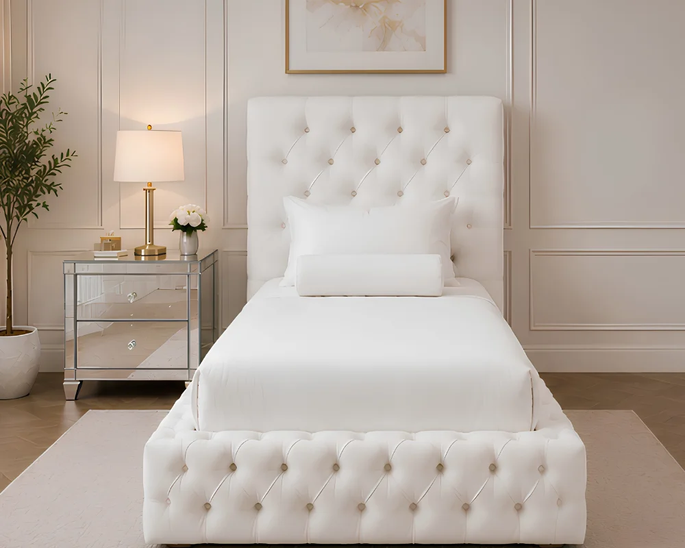 Premium White Upholstered Single Bed with mattress – Stylish Tufted Headboard & Footboard