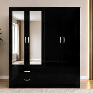 Modern Black 4 Door Wardrobe with 2 Mirrors & 2 Drawers– Modern Bedroom Furniture