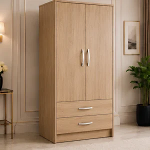 2 Door Wooden Wardrobe with 2 Drawers with Oak colors wardrobe - Elegant 2 Door Wardrobe with Dual Drawers