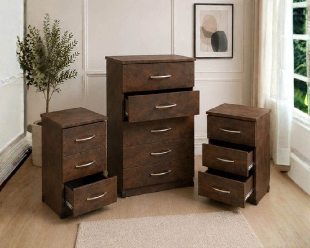Chest of 5 Drawers - 2 Bedside Tables - Modern Compact Bedroom Set