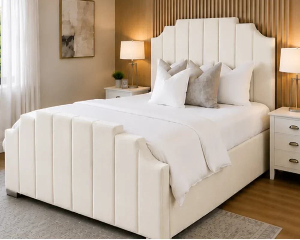 Elegant Cream Arizona Super King Bed – Plush Upholstered Platform Frame with mattress - Image 4