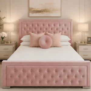 Elegant Dusty Pink Hilton Bed Frame with mattress – Premium Padded Double Bed 160×200 cm