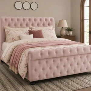 Designer Blush Pink Upholstered Sleigh King Bed - Premium Bed Frame with mattress