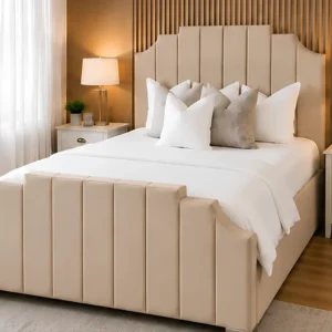 Warm Beige Arizona King Size Velvet Bed Frame – Elegant Modern Style with mattress