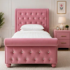 Pink Velvet Sleigh Single Bed Frame with mattress – Premium Upholstered Design