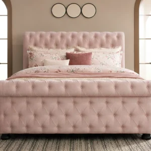 Modern Pink Velvet Sleigh Bed with mattress - 200 × 200 cm Bed