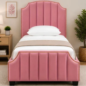 Arizona Blossom Pink Upholstered Single Bed with Vertical Panel Headboard (3ft)-Bed with Mattress