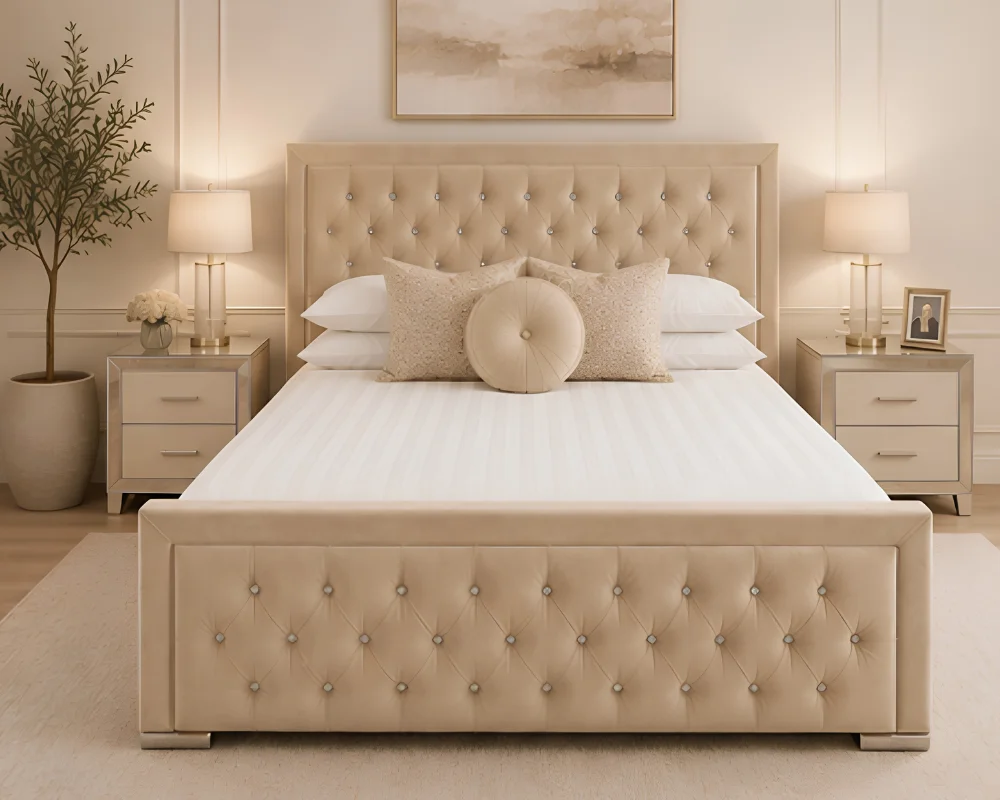 Elegant Beige Hilton King Size Bed with mattress – Premium Upholstered 5ft Bed Frame with Mattress - Image 2