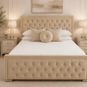 Luxury Beige Hilton Double Bed with Mattress – Elegant Upholstered 4ft 6in Bed