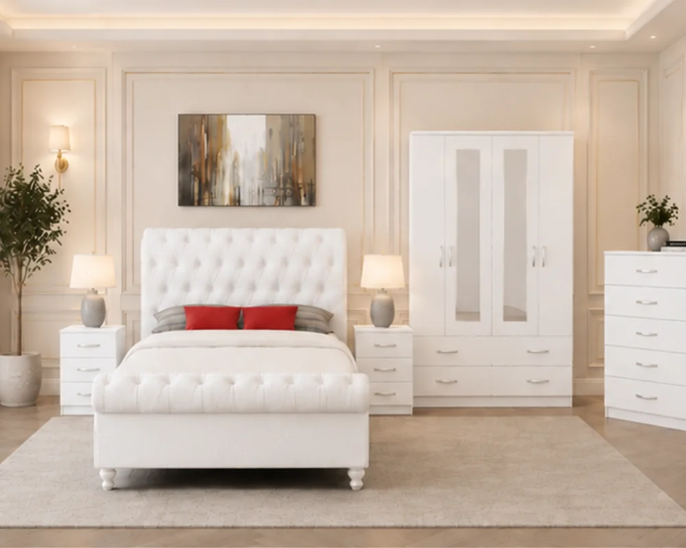 Complete Bedroom Collection With Double Bed - four Door Wardrobe With Four Drawer - Chest of Five Drawers With Two Bed Side Table
