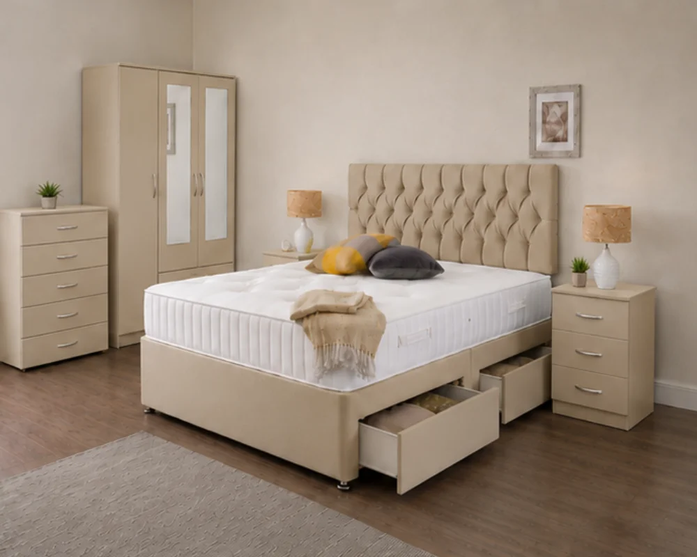 Complete Bedroom Furniture Collection – Double Bed, 3 Door Wardrobe with Two Half Mirrors, Two Bottom Drawers & Chest of Five Drawers - Image 4